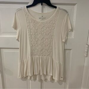 American Eagle Women’s Soft and Sexy Cream Peplum Shirt Flutter Embroidered Sz S